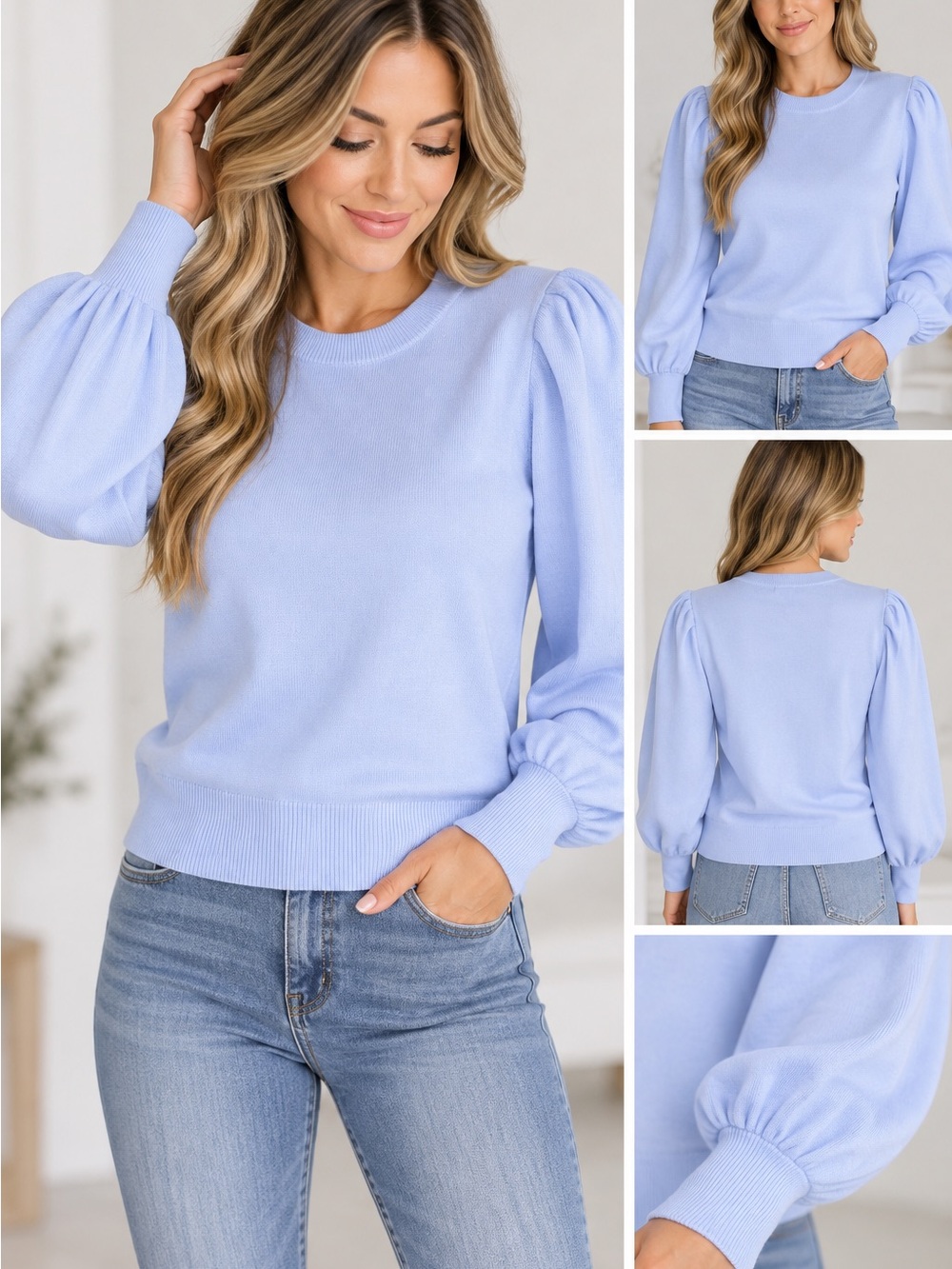 JODIFL Blue Puff Sleeve Knit Sweater Light Blue Top NWOT Small